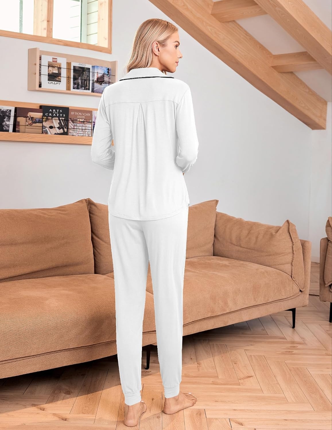 image:imageEkouaer Pajamas Set Long Sleeve Sleepwear Womens Button Down Soft PjsWhite