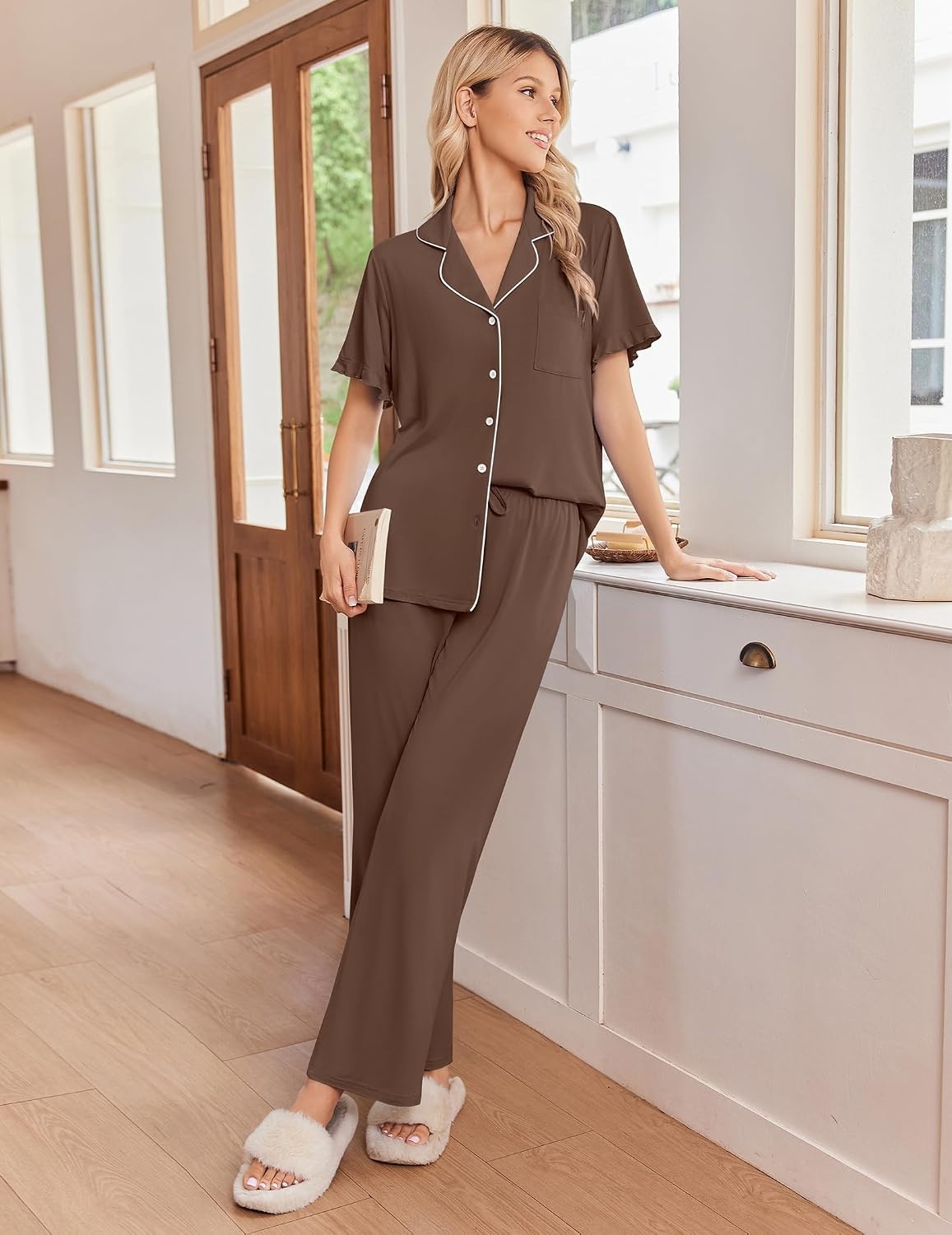 image:imageEkouaer Pajamas for Women Set Button Up Soft Pjs Short Sleeve Lounge SetsBrown