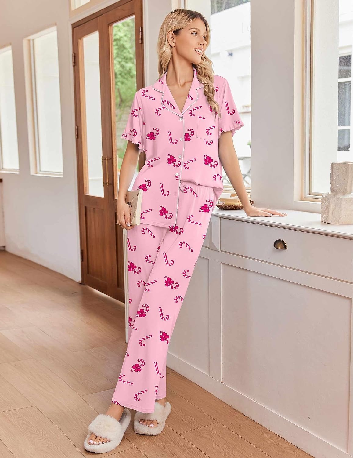 image:imageEkouaer Pajamas for Women Set Button Up Soft Pjs Short Sleeve Lounge SetsPink Candy Cane