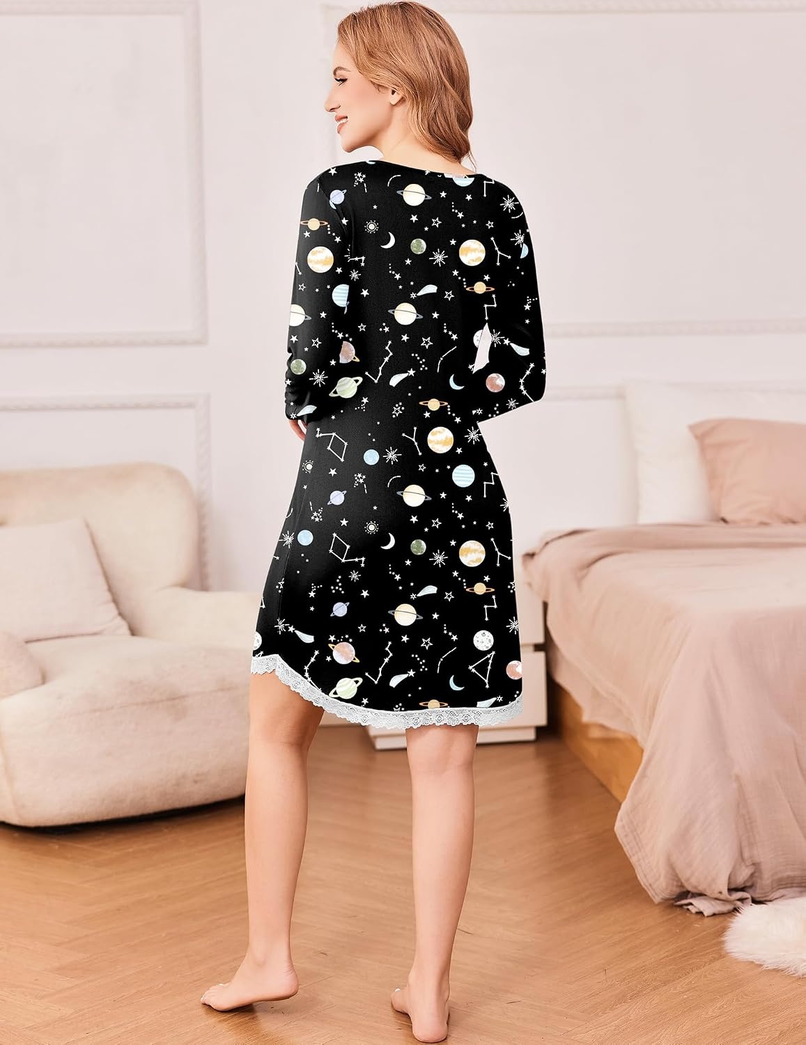 image:imageEkouaer Womens Long Sleeve Nightgowns V Neck Sleepshirts Lace NightshirtsConstellation