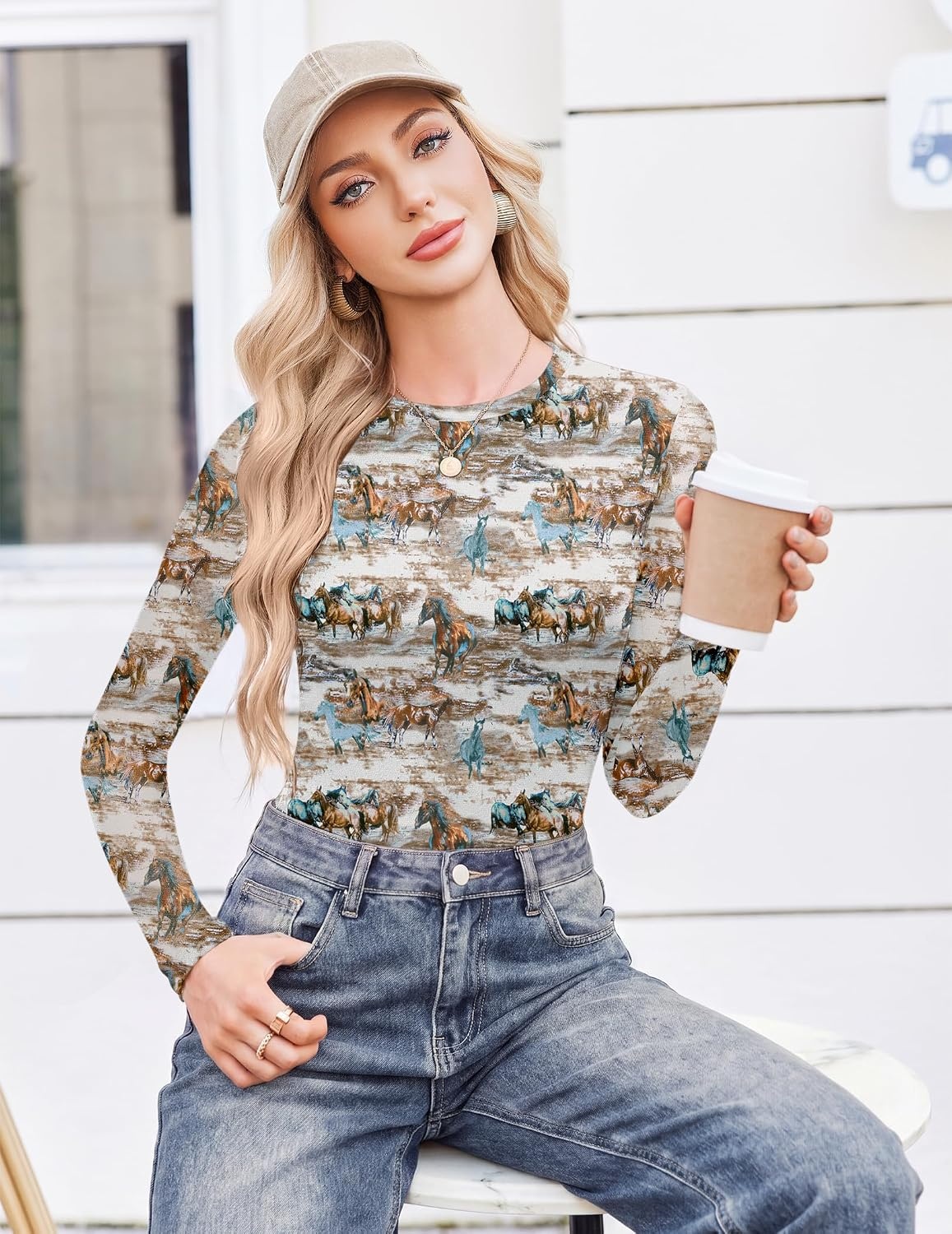image:imageEkouaer Womens Mesh Long Sleeve Tops Fall Fashion Crew Neck Slim Fit ShirtsBrown White