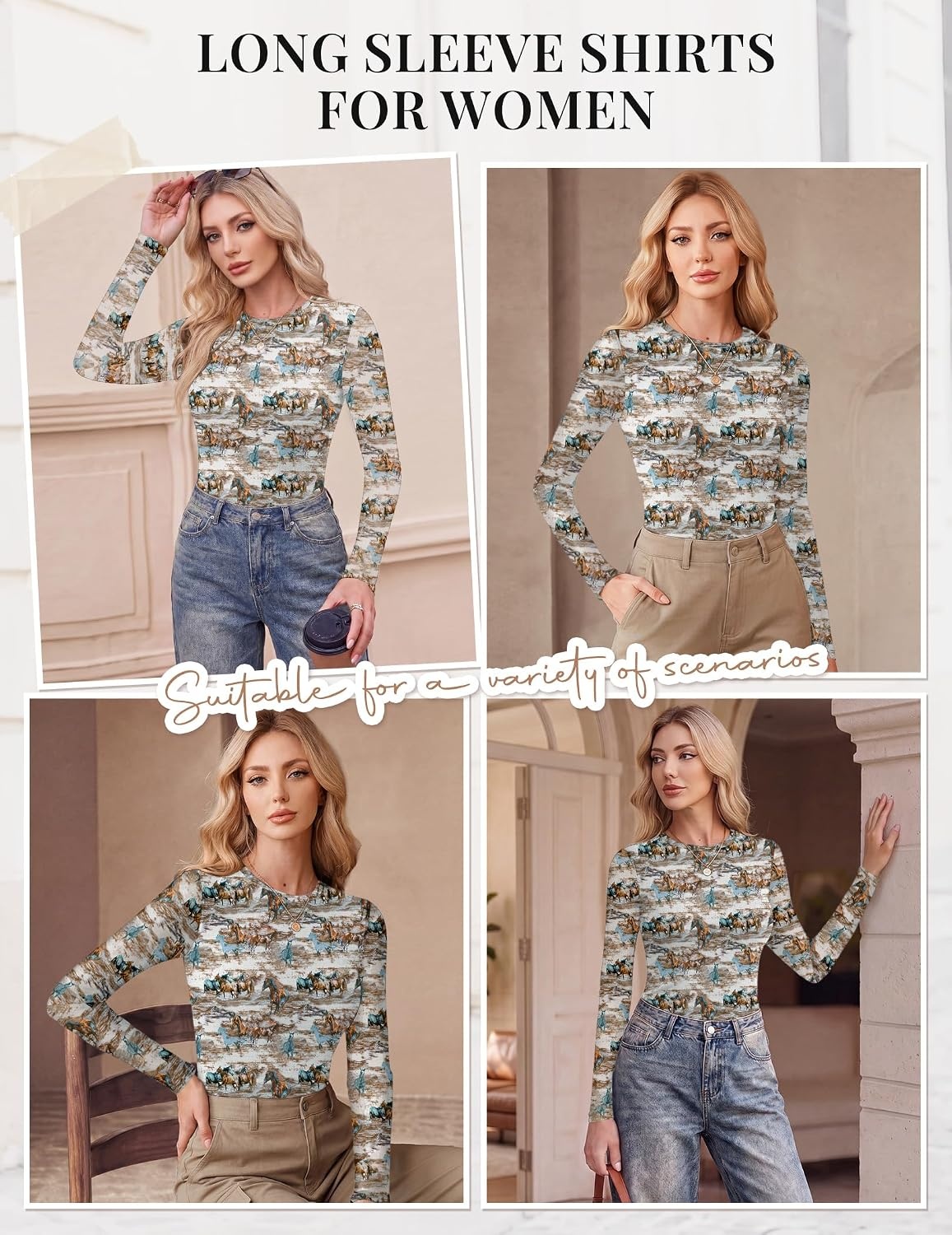 image:imageEkouaer Womens Mesh Long Sleeve Tops Fall Fashion Crew Neck Slim Fit ShirtsBrown White