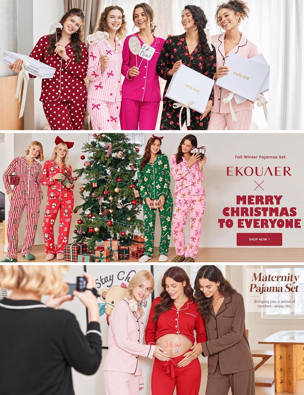 image:imageEkouaer Womens Pajamas Set Classic Sleepwear Long Sleeve Button Up Pjs SetsChristmas Bow