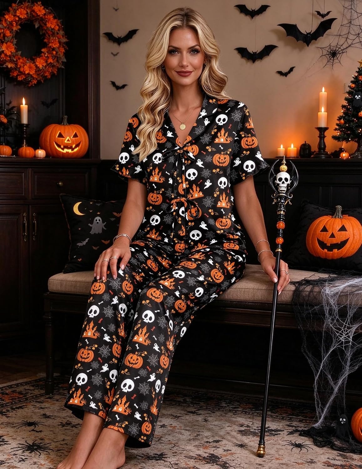 image:imageEkouaer Womens Satin Pajama Sets Silky Tie Front Ruffle Pjs Sets Sleepwear2026black Halloween