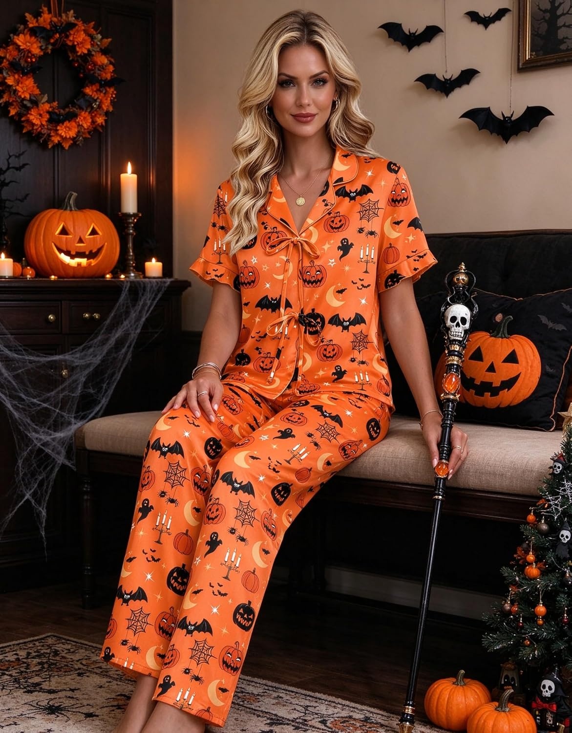 image:imageEkouaer Womens Satin Pajama Sets Silky Tie Front Ruffle Pjs Sets Sleepwear2026orange Halloween