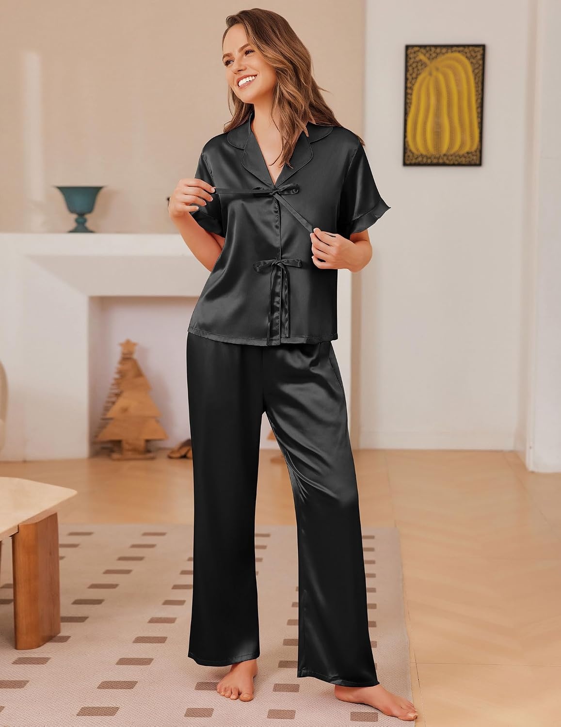 image:imageEkouaer Womens Satin Pajama Sets Silky Tie Front Ruffle Pjs Sets SleepwearBlack