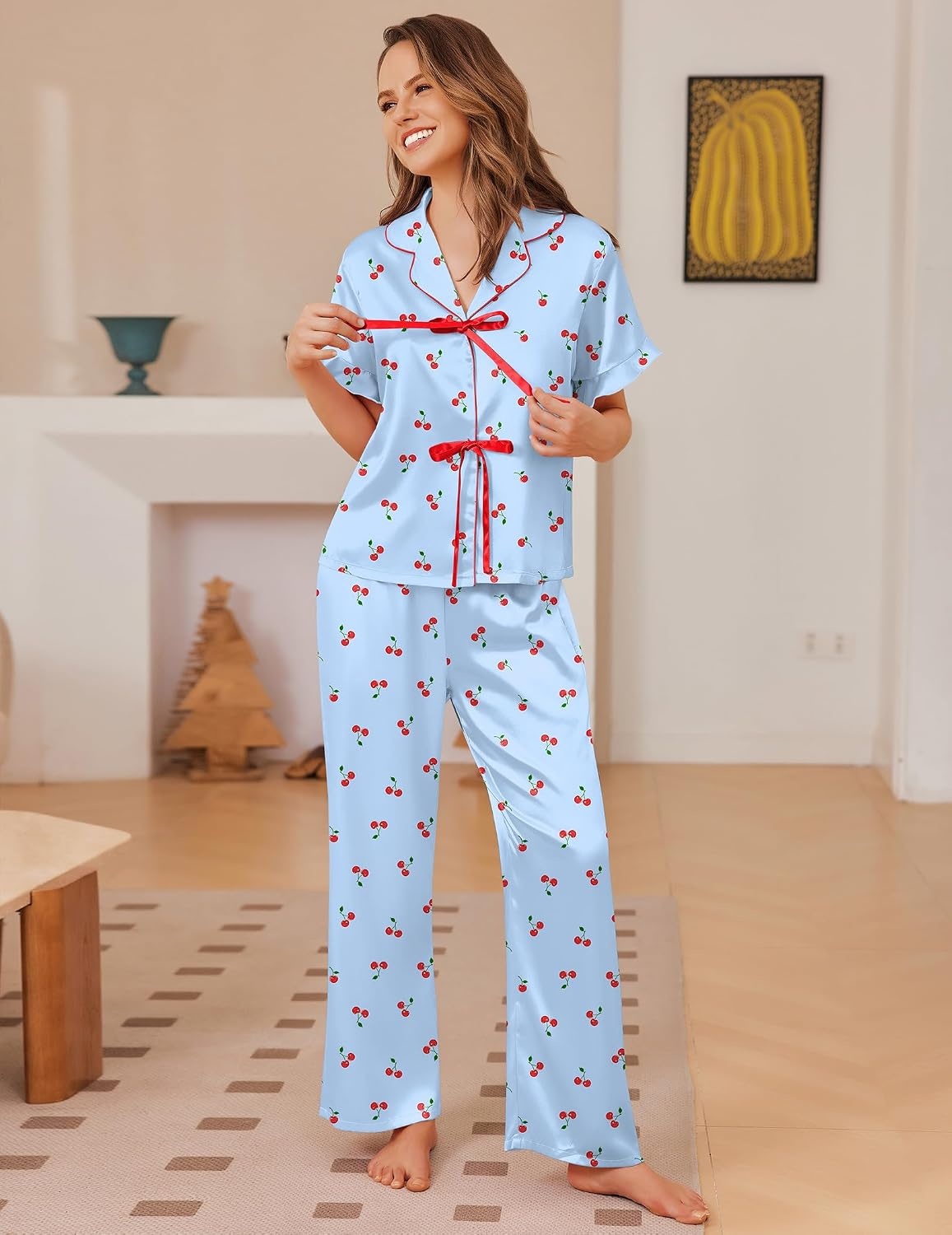 image:imageEkouaer Womens Satin Pajama Sets Silky Tie Front Ruffle Pjs Sets SleepwearBlue Cherry