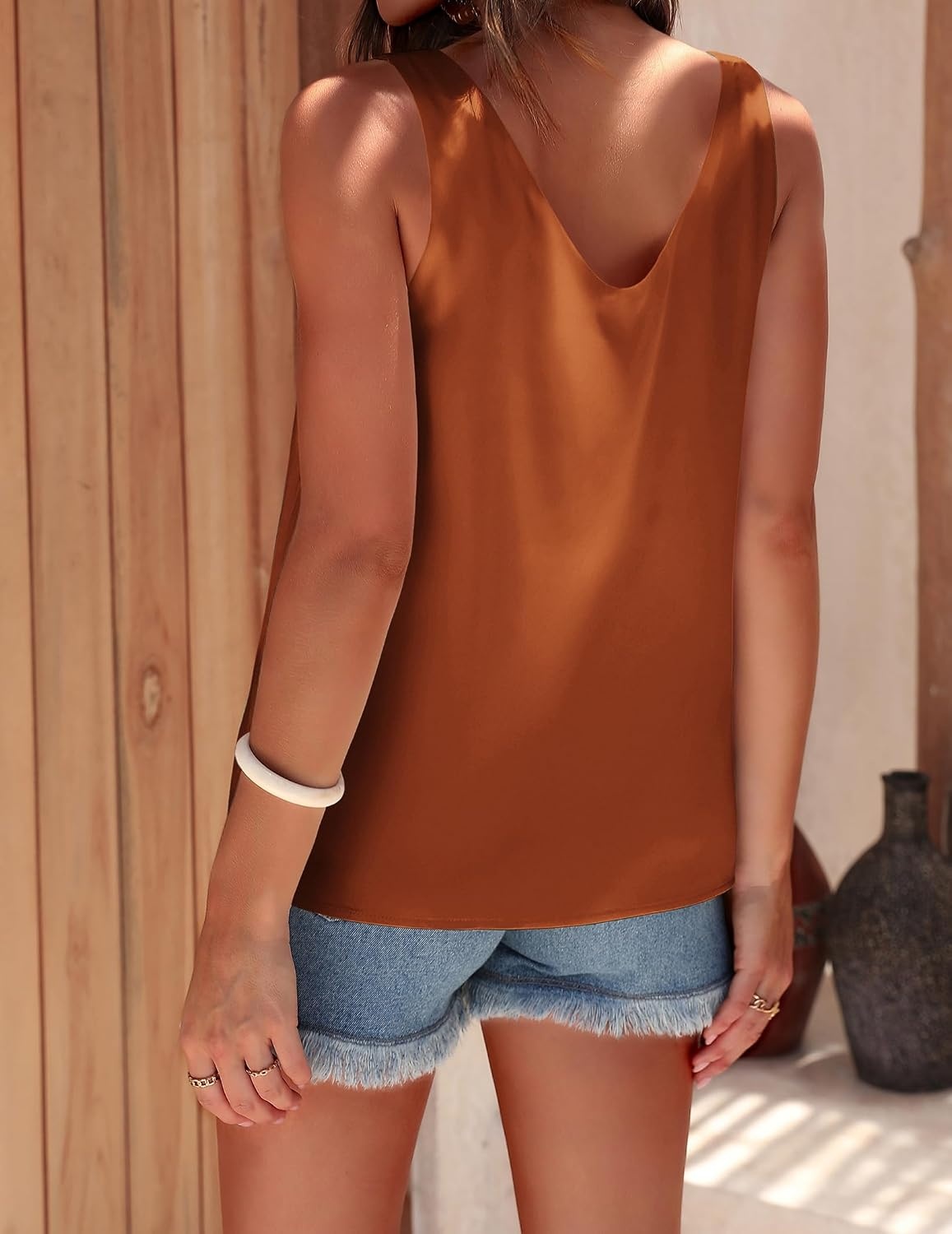 image:imageEkouaer Womens Satin Tank Tops Summer Sleeveless Tops V Neck Casual ShirtsCaramel