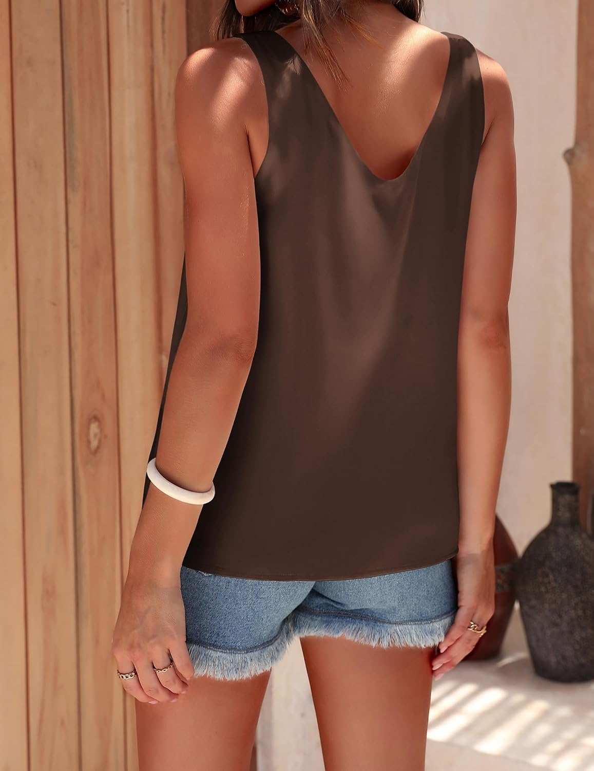 image:imageEkouaer Womens Satin Tank Tops Summer Sleeveless Tops V Neck Casual ShirtsDark Coffe