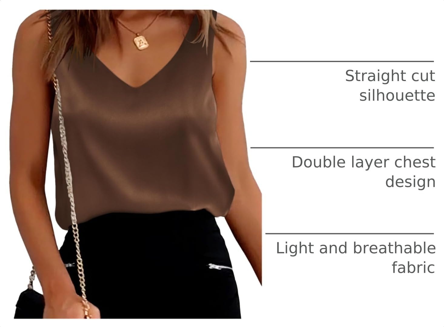 image:imageEkouaer Womens Satin Tank Tops Summer Sleeveless Tops V Neck Casual ShirtsDark Coffe