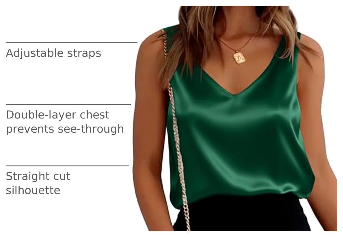 image:imageEkouaer Womens Satin Tank Tops Summer Sleeveless Tops V Neck Casual ShirtsDark Green