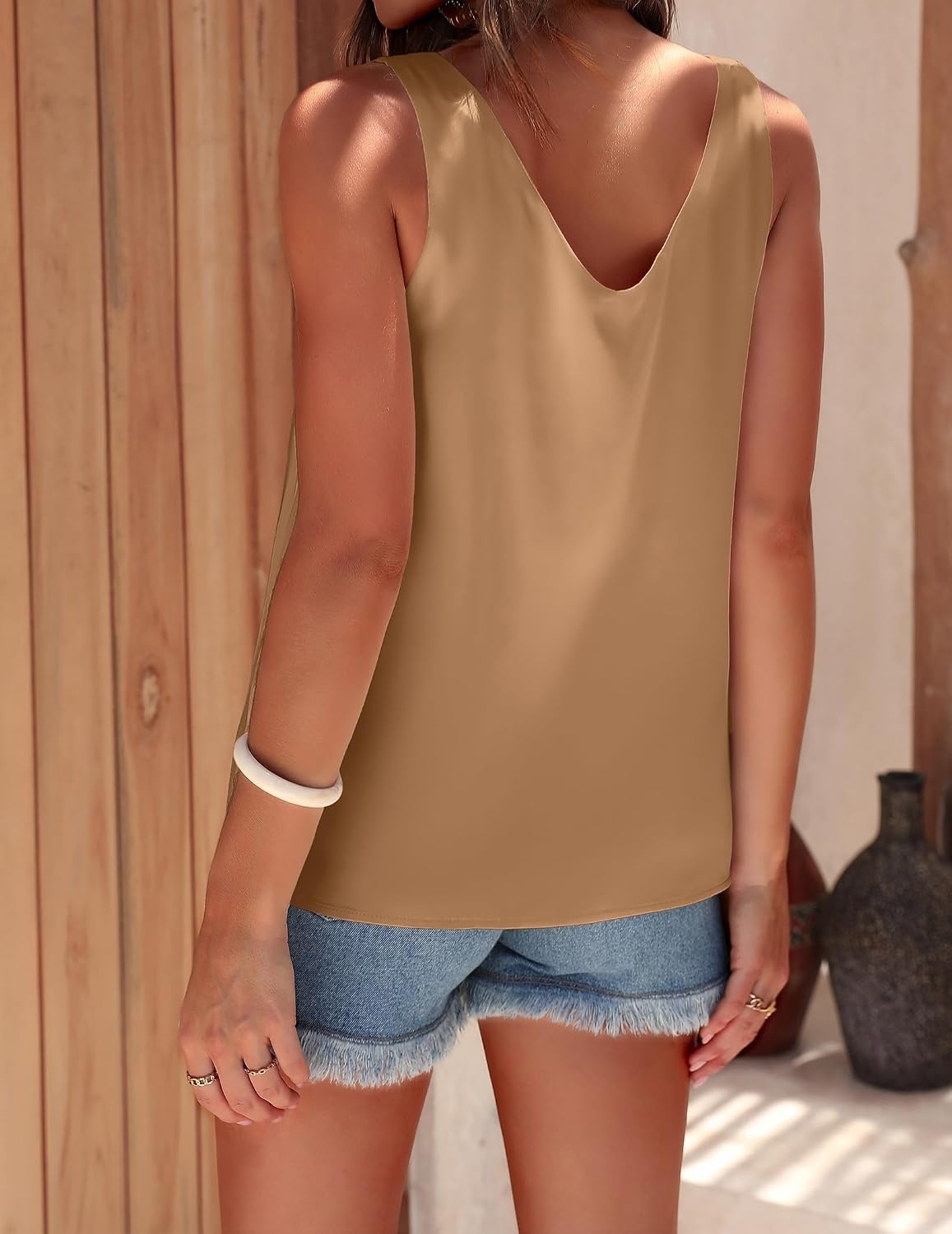 image:imageEkouaer Womens Satin Tank Tops Summer Sleeveless Tops V Neck Casual ShirtsDark Khaki