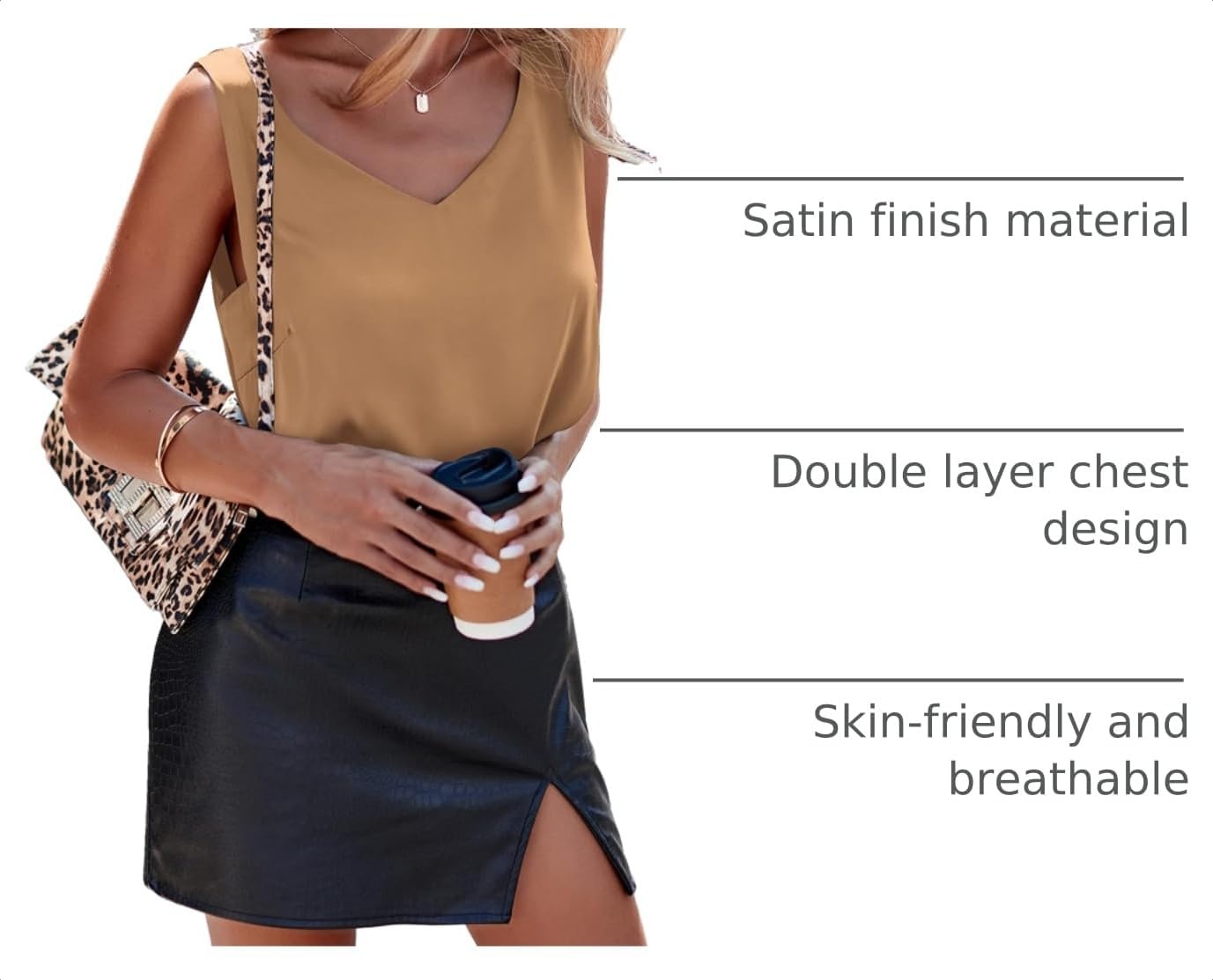 image:imageEkouaer Womens Satin Tank Tops Summer Sleeveless Tops V Neck Casual ShirtsDark Khaki