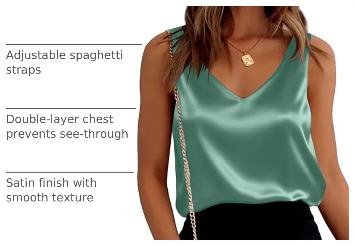 image:imageEkouaer Womens Satin Tank Tops Summer Sleeveless Tops V Neck Casual ShirtsGray Green