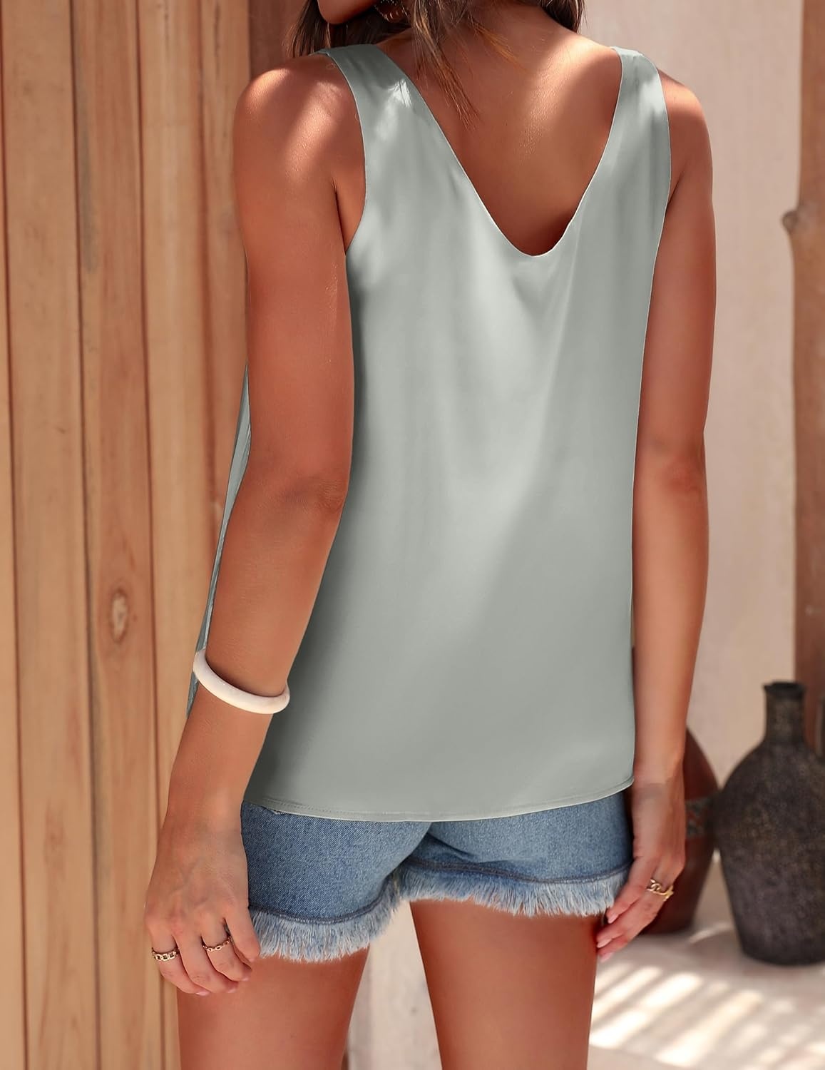image:imageEkouaer Womens Satin Tank Tops Summer Sleeveless Tops V Neck Casual ShirtsGrey