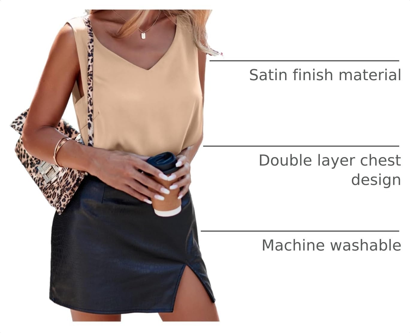 image:imageEkouaer Womens Satin Tank Tops Summer Sleeveless Tops V Neck Casual ShirtsLight Brown