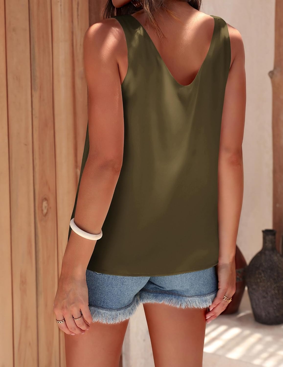 image:imageEkouaer Womens Satin Tank Tops Summer Sleeveless Tops V Neck Casual ShirtsOlive Green