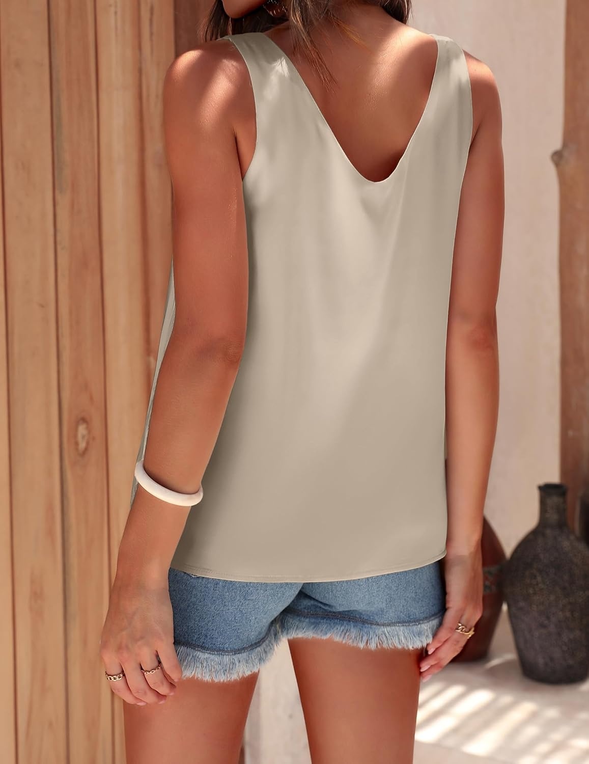 image:imageEkouaer Womens Satin Tank Tops Summer Sleeveless Tops V Neck Casual ShirtsPale Gold