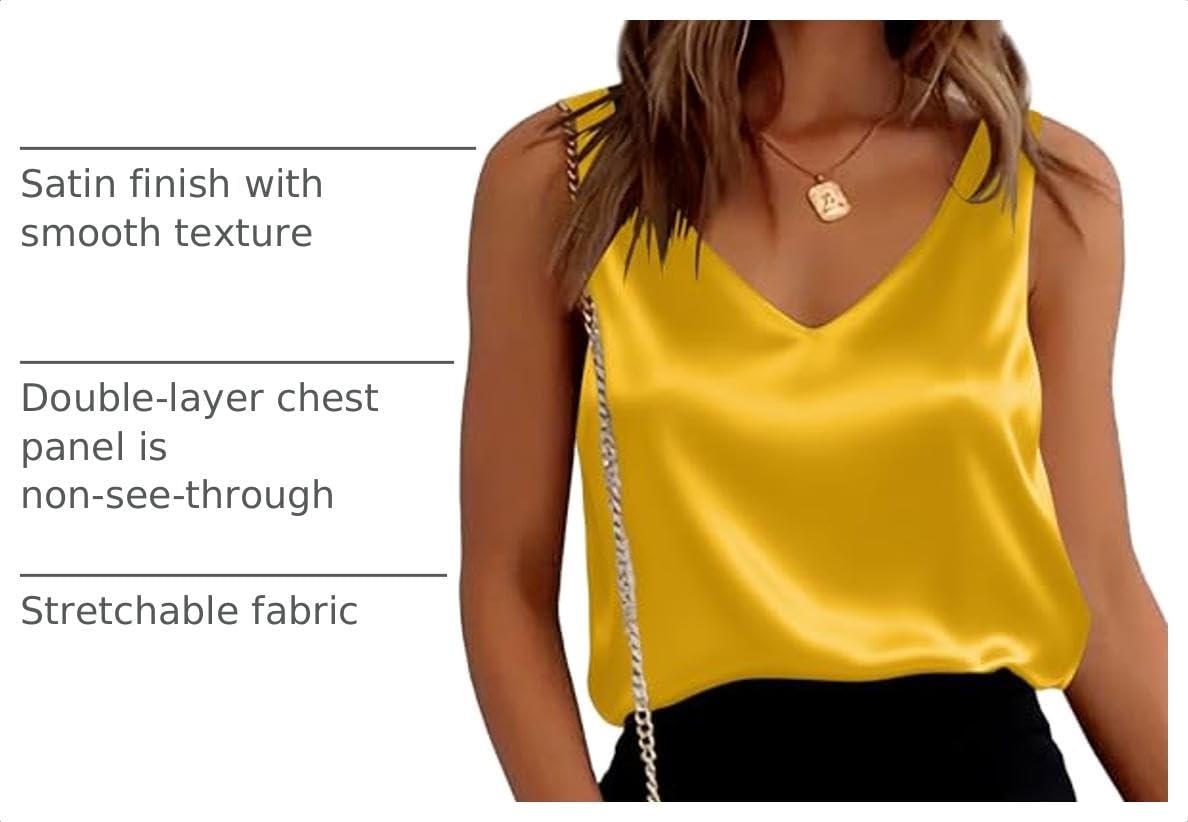 image:imageEkouaer Womens Satin Tank Tops Summer Sleeveless Tops V Neck Casual ShirtsTurmeric