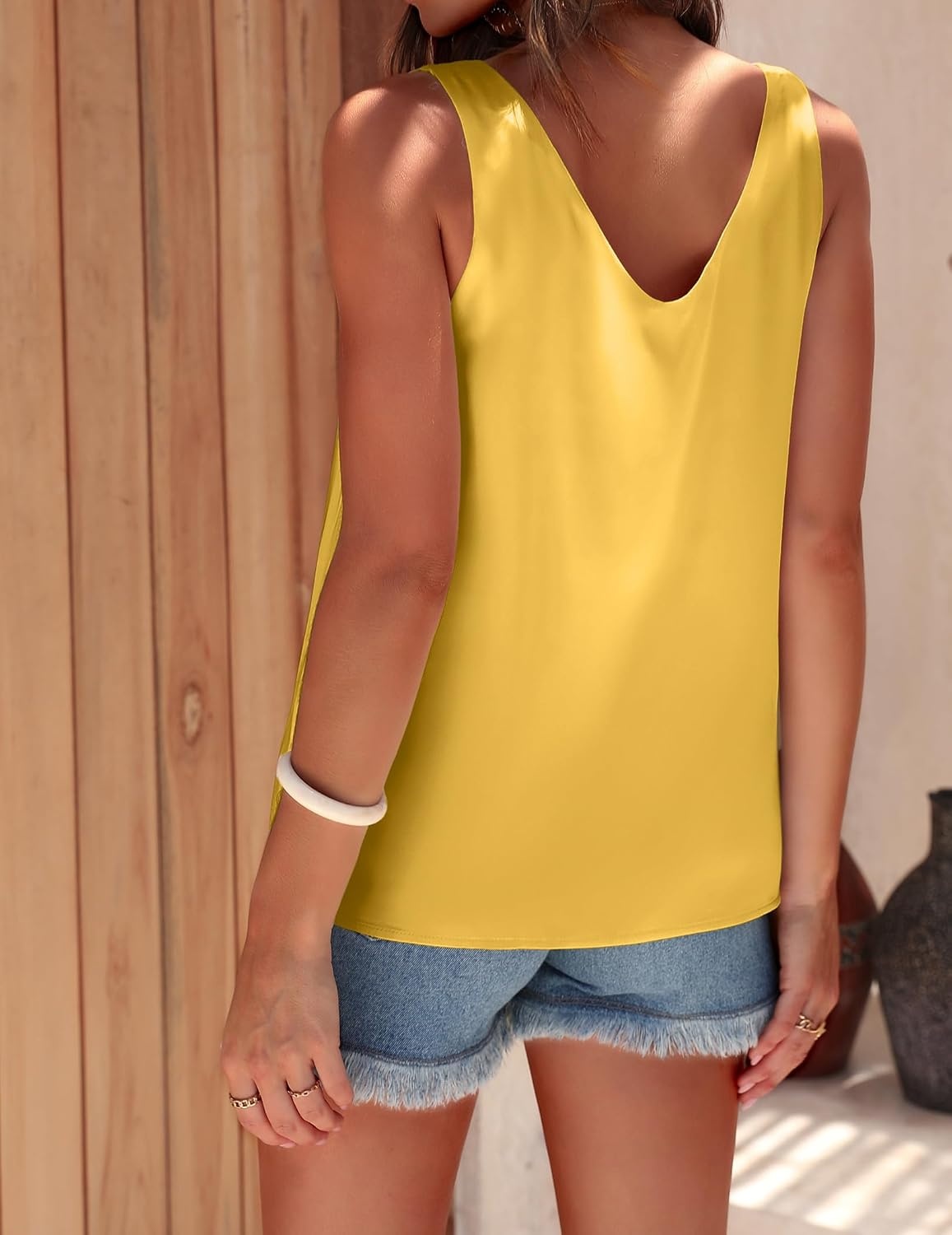 image:imageEkouaer Womens Satin Tank Tops Summer Sleeveless Tops V Neck Casual ShirtsTurmeric
