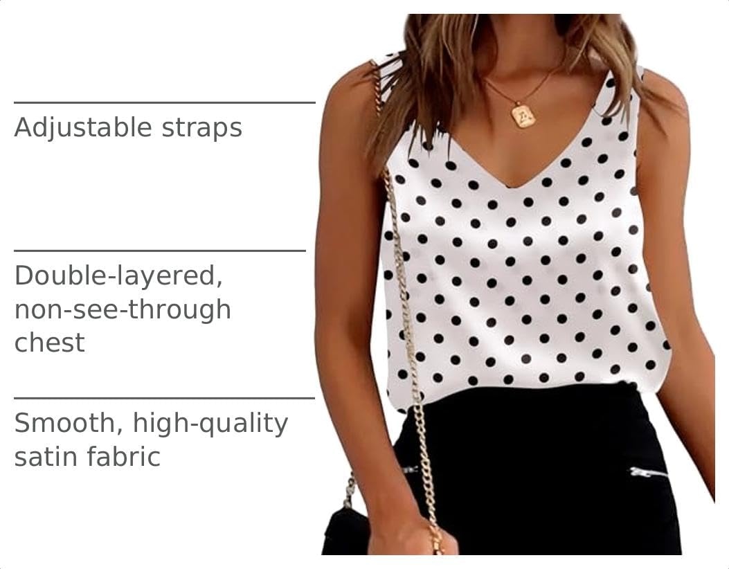image:imageEkouaer Womens Satin Tank Tops Summer Sleeveless Tops V Neck Casual ShirtsWhiteBlack Wave Dot