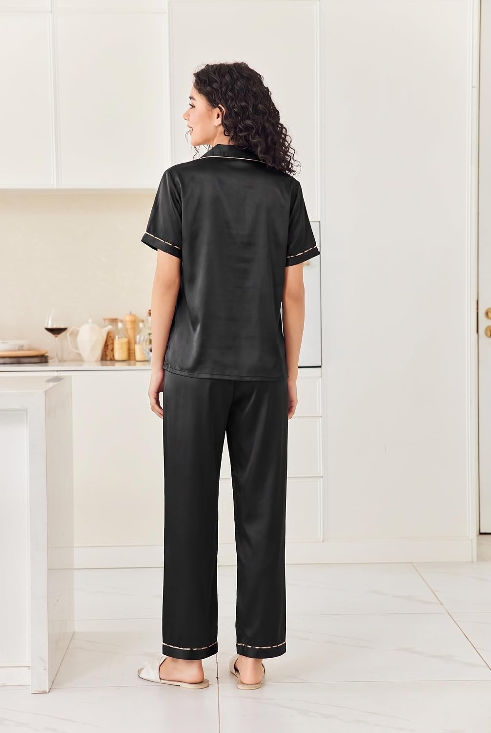image:imageEkouaer Womens Silk Satin Pajama Set Short Sleeve Pjs Button Down SleepwearBlack
