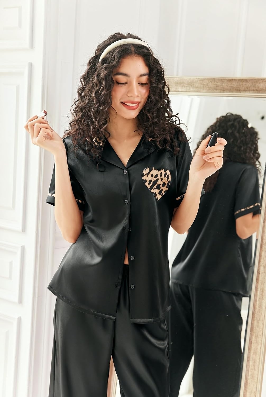 image:imageEkouaer Womens Silk Satin Pajama Set Short Sleeve Pjs Button Down SleepwearBlack
