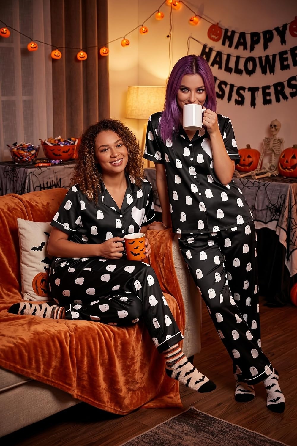 image:imageEkouaer Womens Silk Satin Pajama Set Short Sleeve Pjs Button Down SleepwearBlack Halloween Ghost