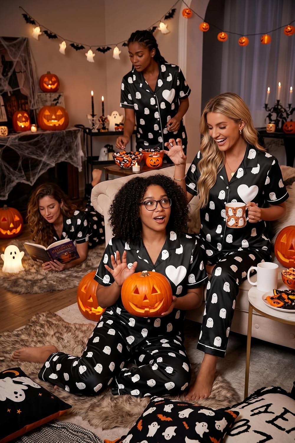 image:imageEkouaer Womens Silk Satin Pajama Set Short Sleeve Pjs Button Down SleepwearBlack Halloween Ghost