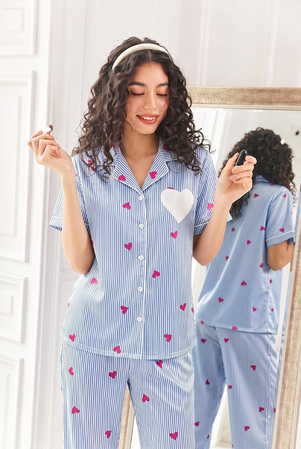 image:imageEkouaer Womens Silk Satin Pajama Set Short Sleeve Pjs Button Down SleepwearBlue Stripe With Hearts