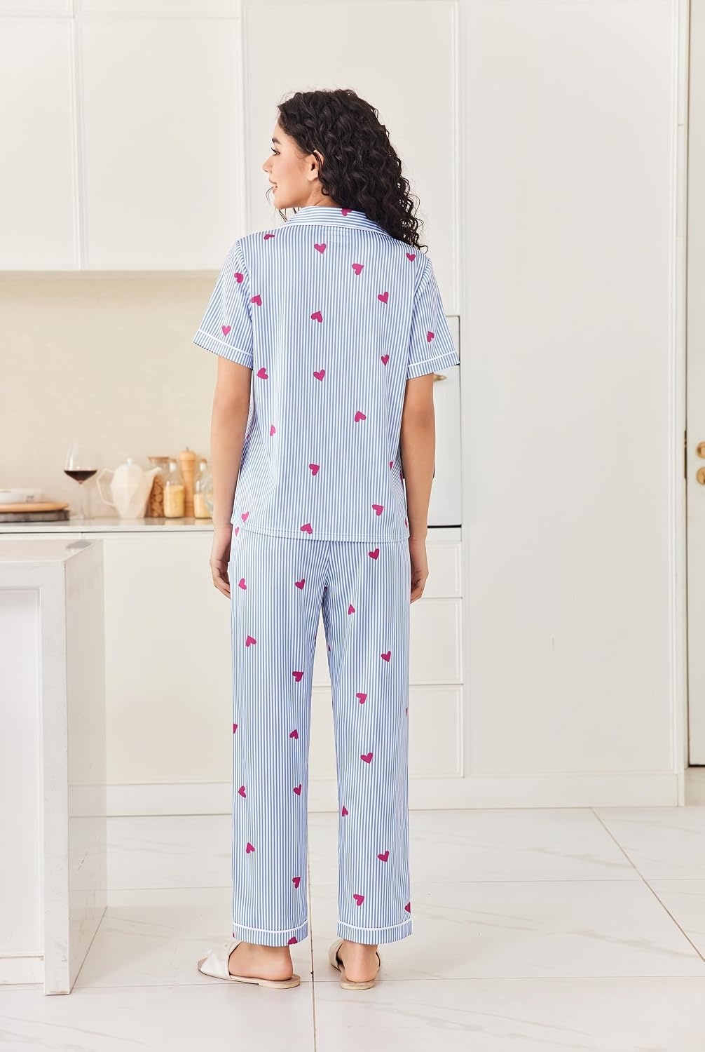 image:imageEkouaer Womens Silk Satin Pajama Set Short Sleeve Pjs Button Down SleepwearBlue Stripe With Hearts
