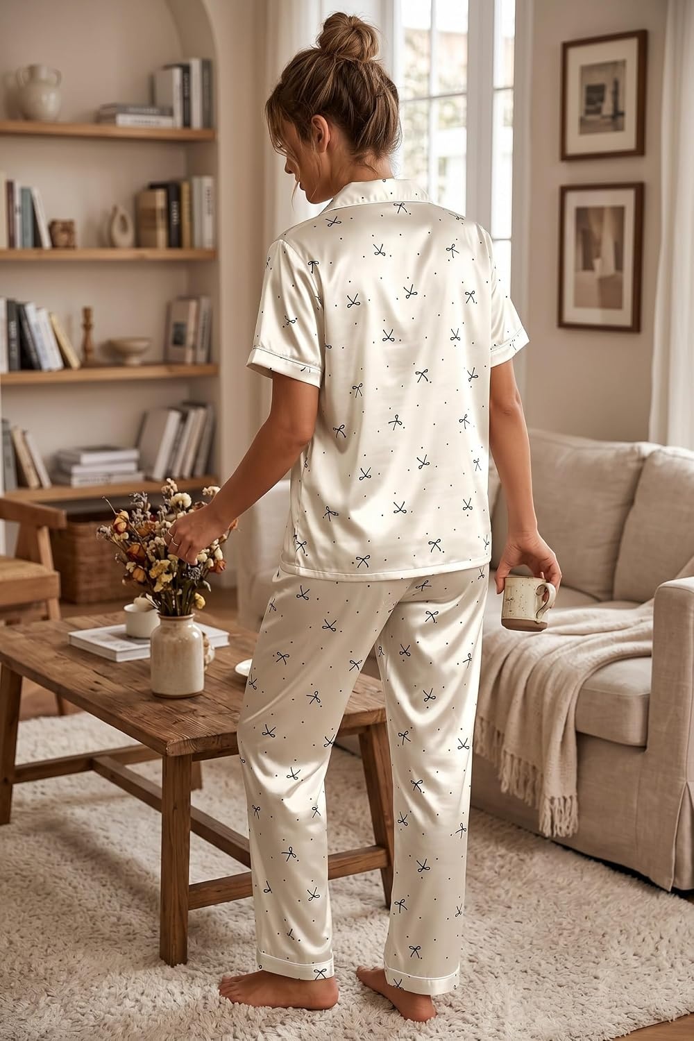 image:imageEkouaer Womens Silk Satin Pajama Set Short Sleeve Pjs Button Down SleepwearCream Black Bow Dots