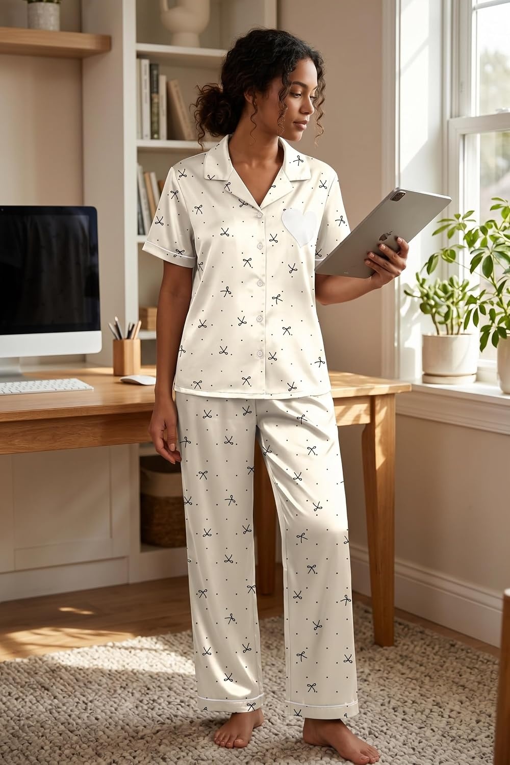 image:imageEkouaer Womens Silk Satin Pajama Set Short Sleeve Pjs Button Down SleepwearCream Black Bow Dots