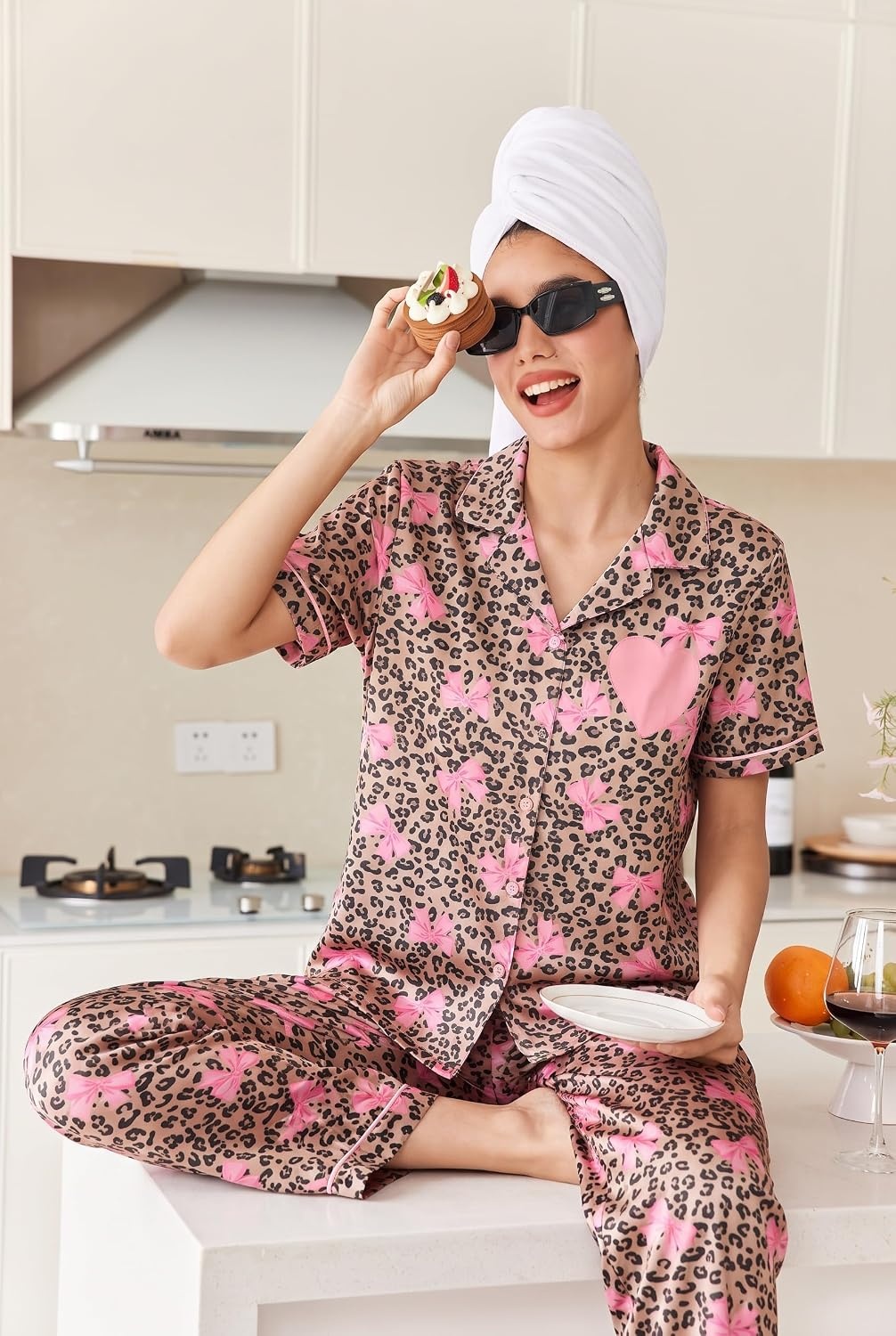image:imageEkouaer Womens Silk Satin Pajama Set Short Sleeve Pjs Button Down SleepwearLeopard With Pink Bows