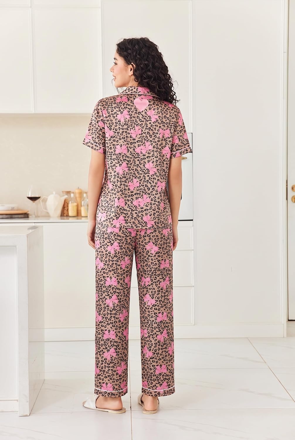 image:imageEkouaer Womens Silk Satin Pajama Set Short Sleeve Pjs Button Down SleepwearLeopard With Pink Bows