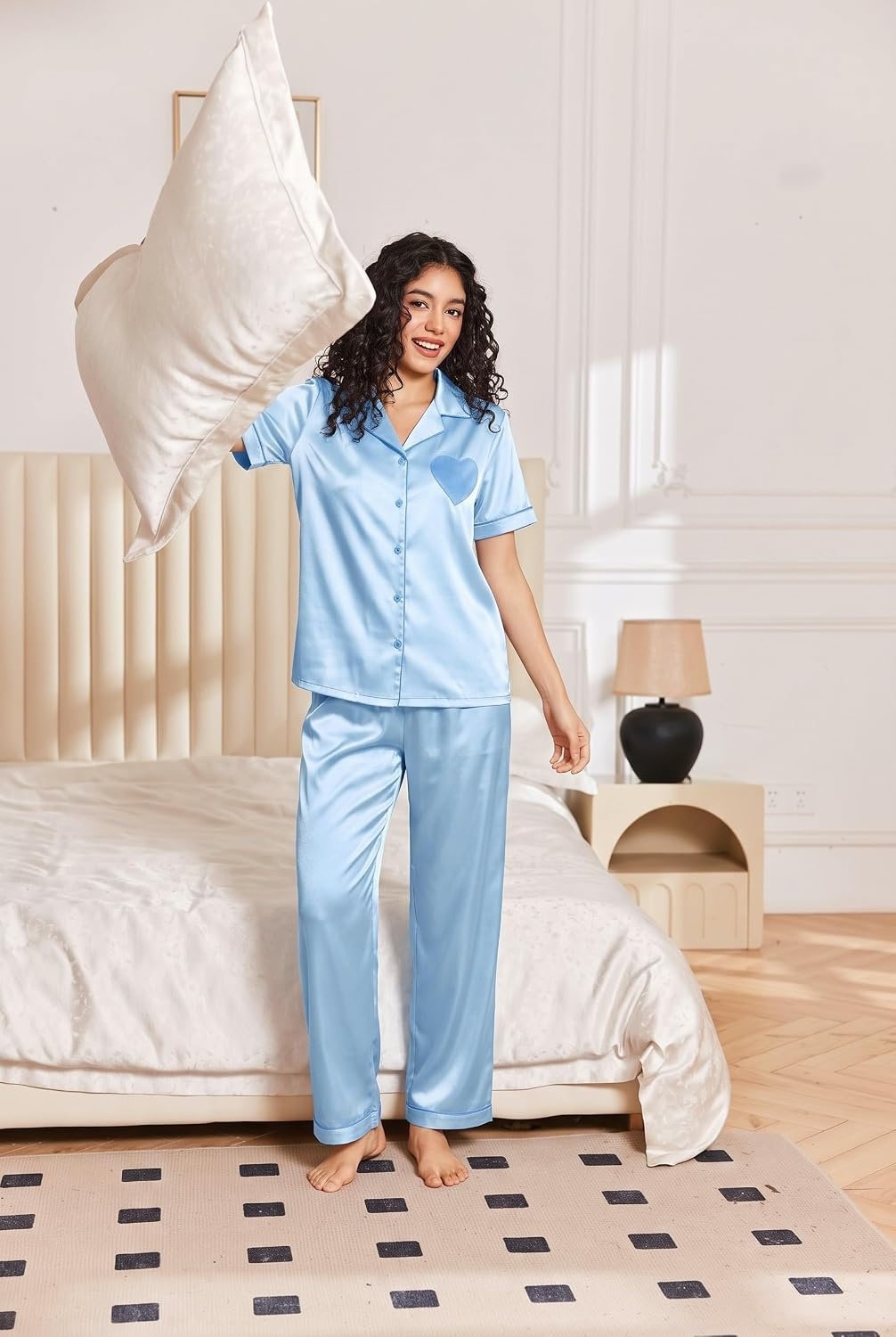 image:imageEkouaer Womens Silk Satin Pajama Set Short Sleeve Pjs Button Down SleepwearLight Blue