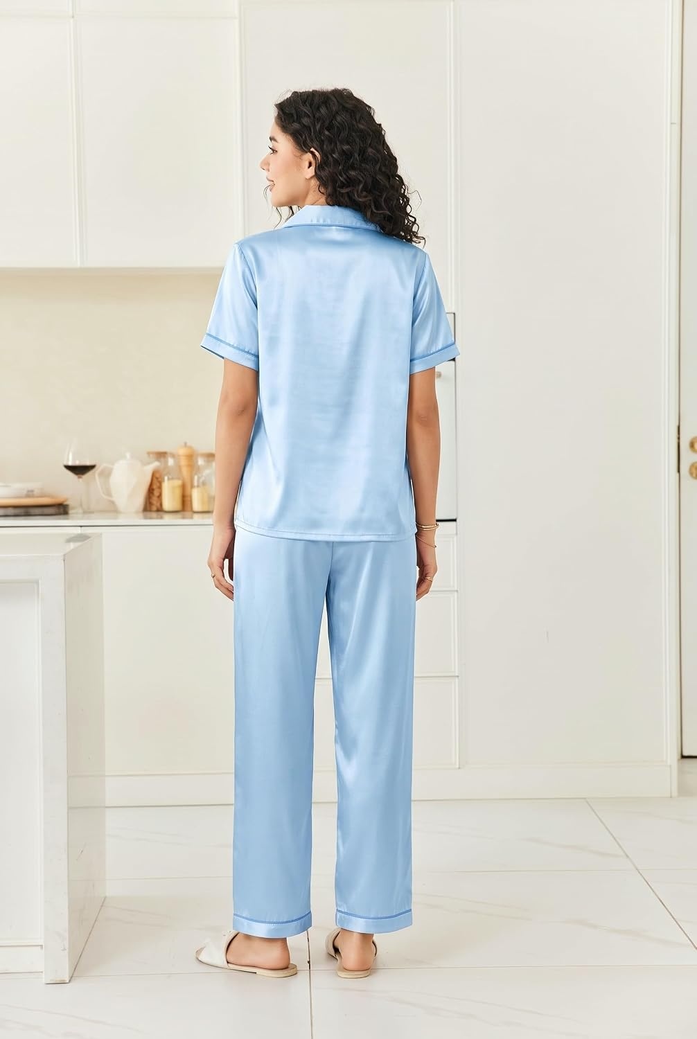 image:imageEkouaer Womens Silk Satin Pajama Set Short Sleeve Pjs Button Down SleepwearLight Blue
