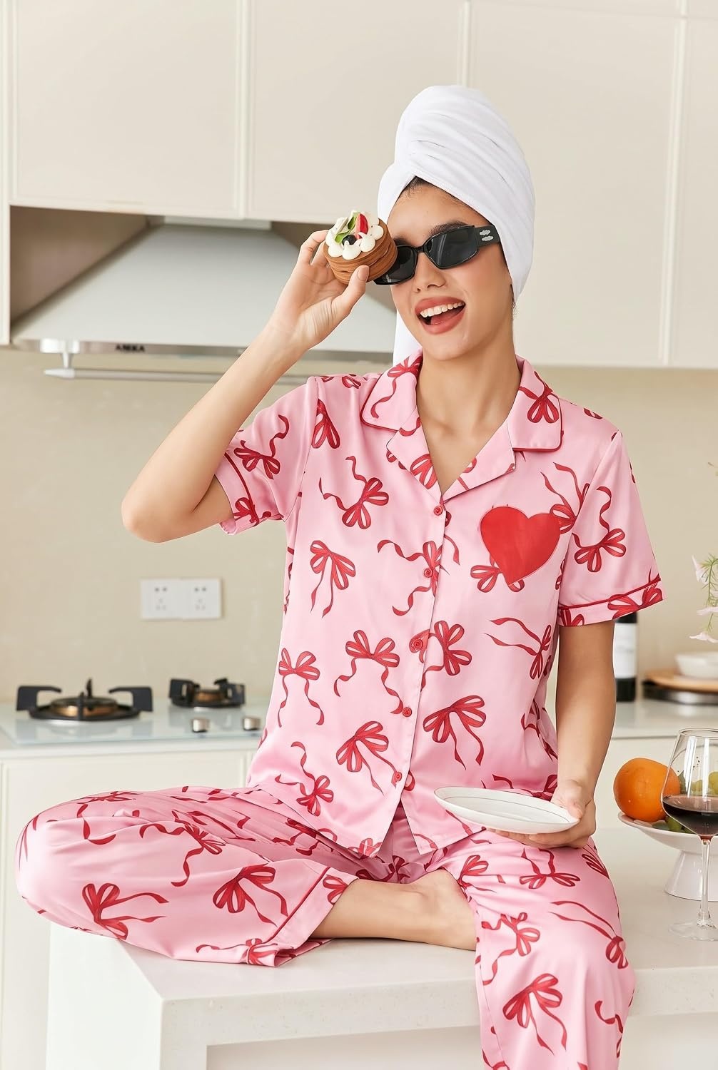 image:imageEkouaer Womens Silk Satin Pajama Set Short Sleeve Pjs Button Down SleepwearPinkred Bow
