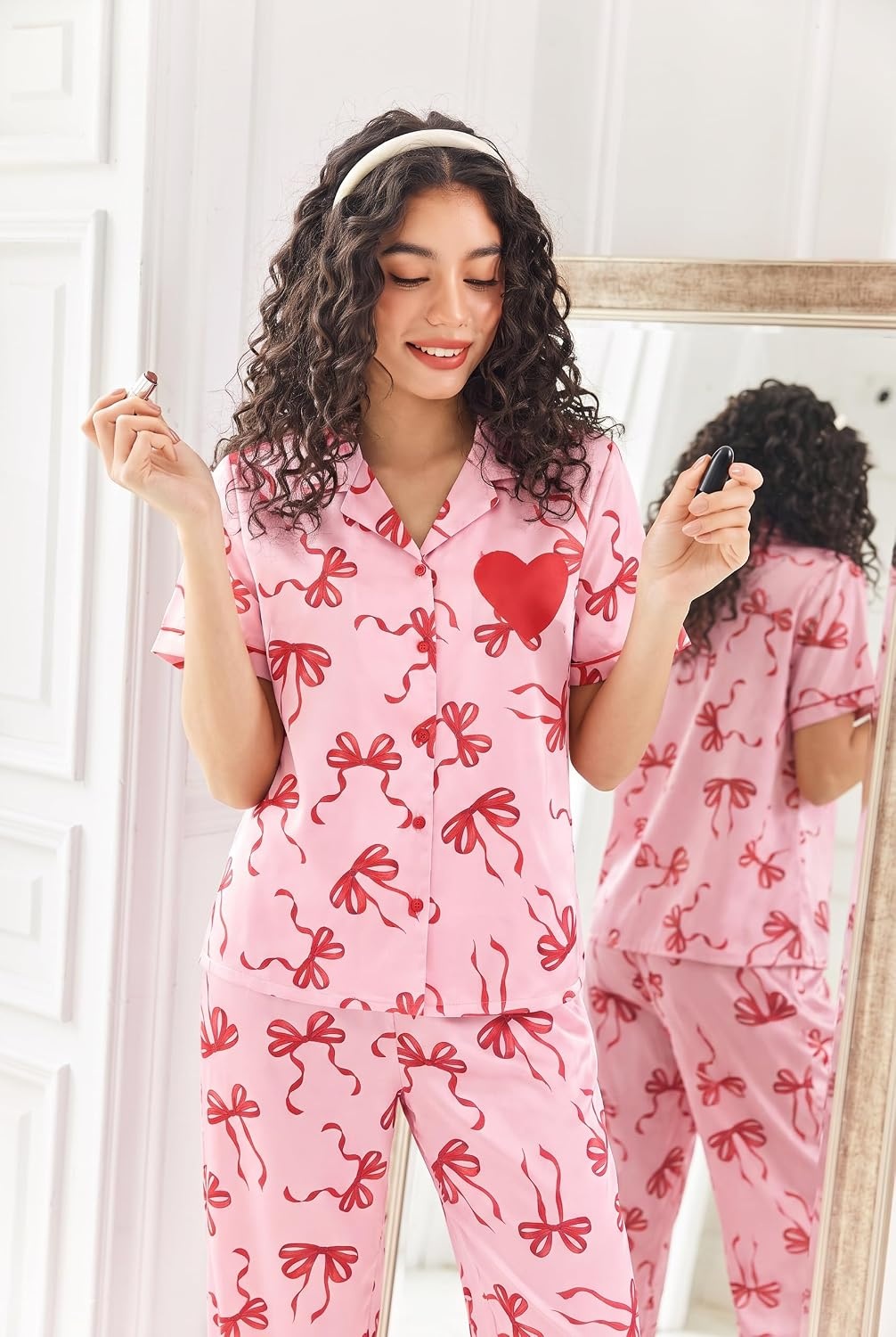 image:imageEkouaer Womens Silk Satin Pajama Set Short Sleeve Pjs Button Down SleepwearPinkred Bow