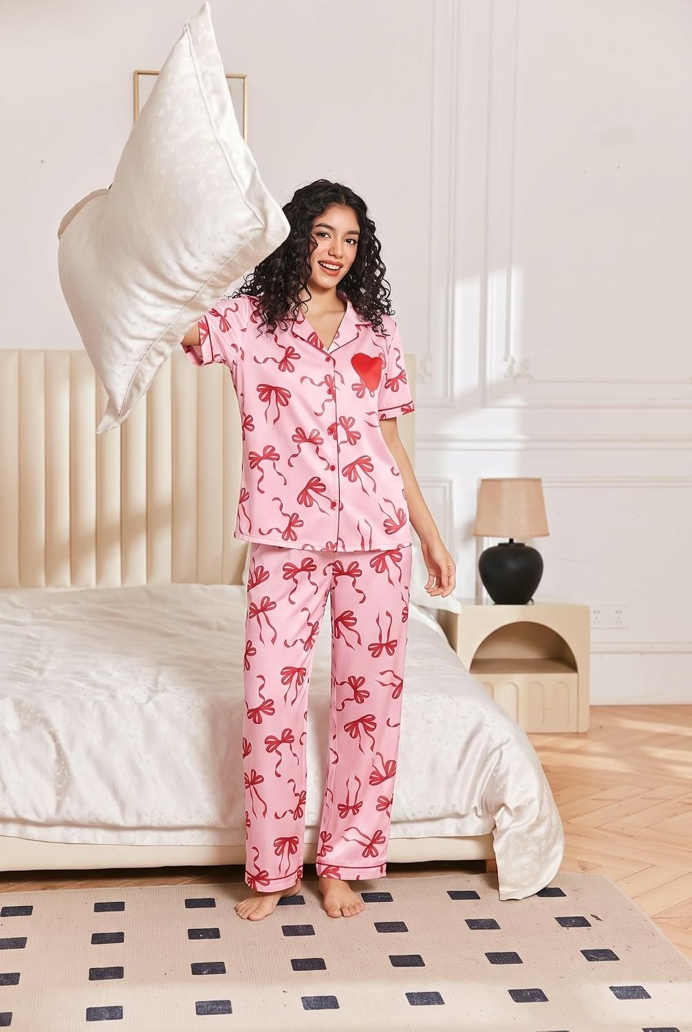 image:imageEkouaer Womens Silk Satin Pajama Set Short Sleeve Pjs Button Down SleepwearPinkred Bow