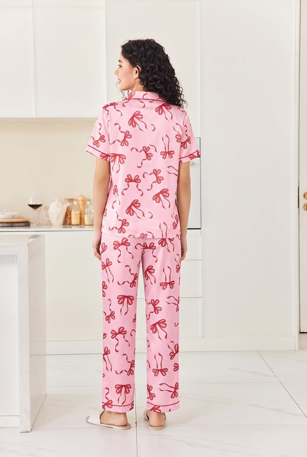 image:imageEkouaer Womens Silk Satin Pajama Set Short Sleeve Pjs Button Down SleepwearPinkred Bow