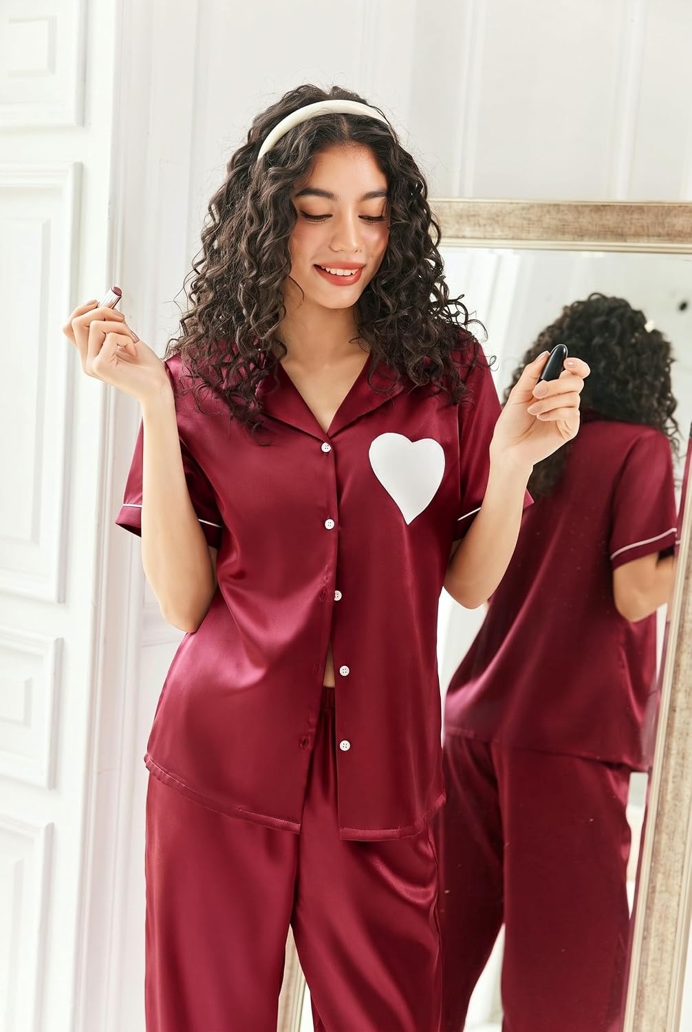 image:imageEkouaer Womens Silk Satin Pajama Set Short Sleeve Pjs Button Down SleepwearWine Red