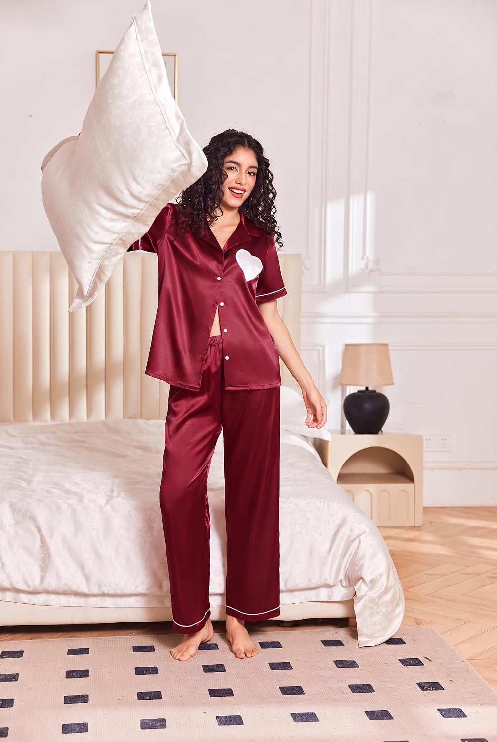 image:imageEkouaer Womens Silk Satin Pajama Set Short Sleeve Pjs Button Down SleepwearWine Red