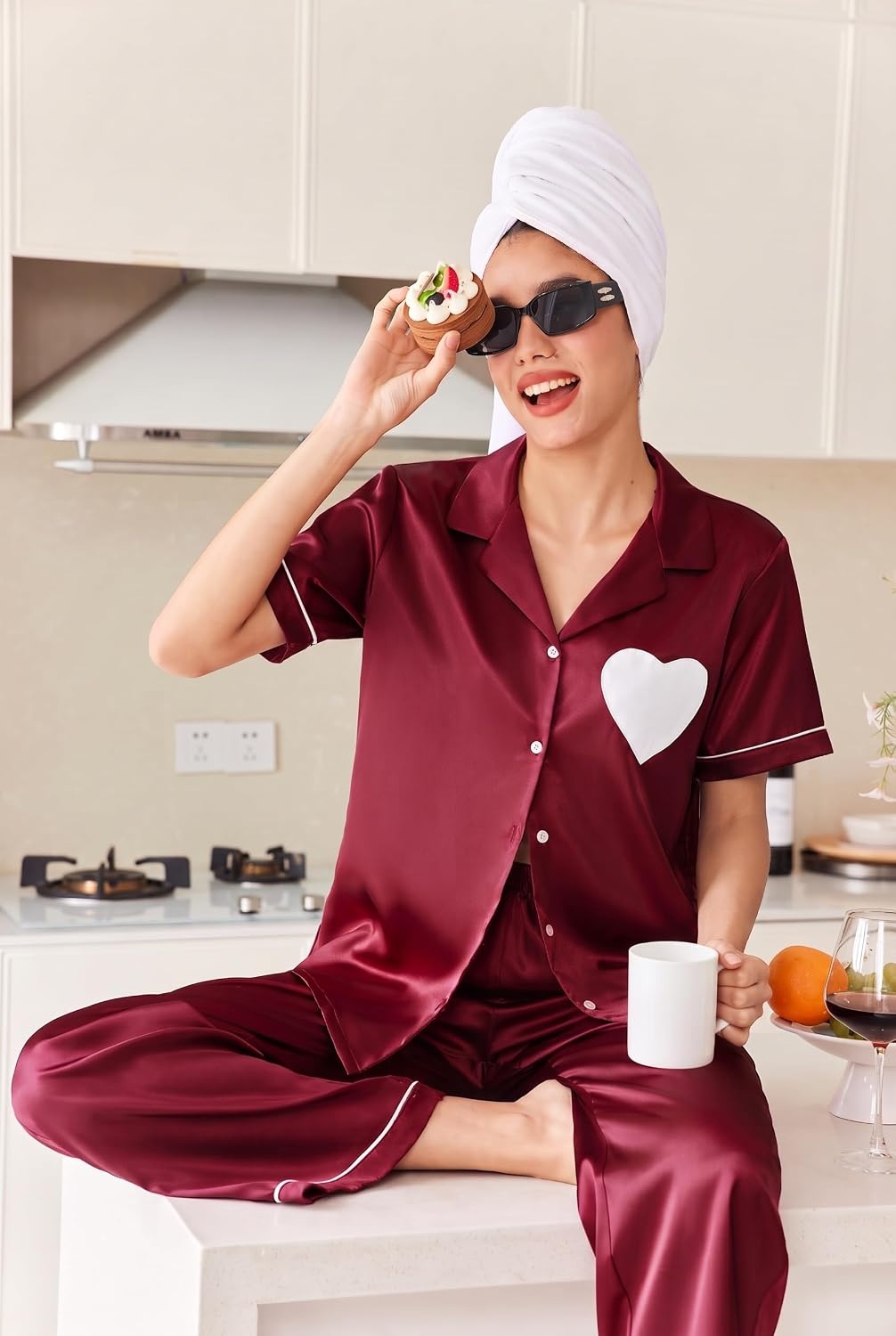 image:imageEkouaer Womens Silk Satin Pajama Set Short Sleeve Pjs Button Down SleepwearWine Red