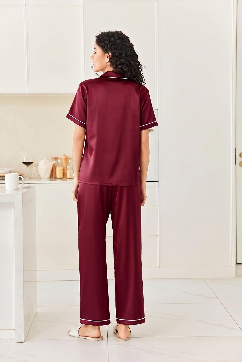 image:imageEkouaer Womens Silk Satin Pajama Set Short Sleeve Pjs Button Down SleepwearWine Red