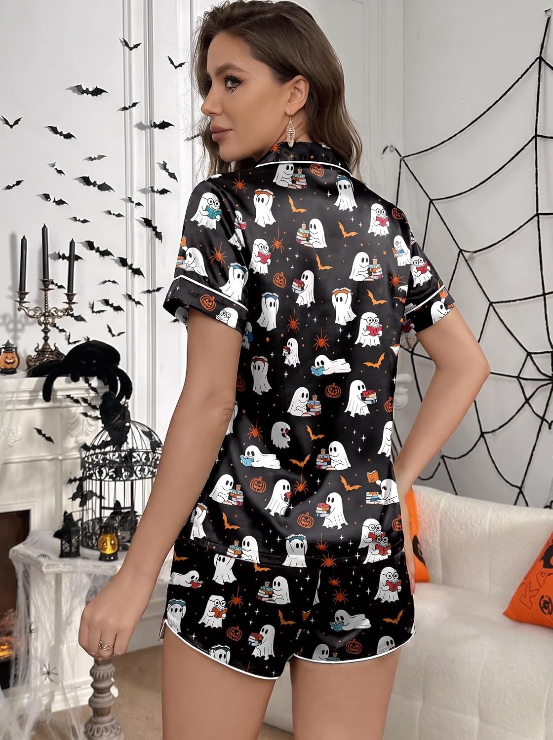 image:imageEkouaer Womens Silk Satin Pajamas Set Short Sleeve Sleepwear S5X Plus SizeHalloween Ghost