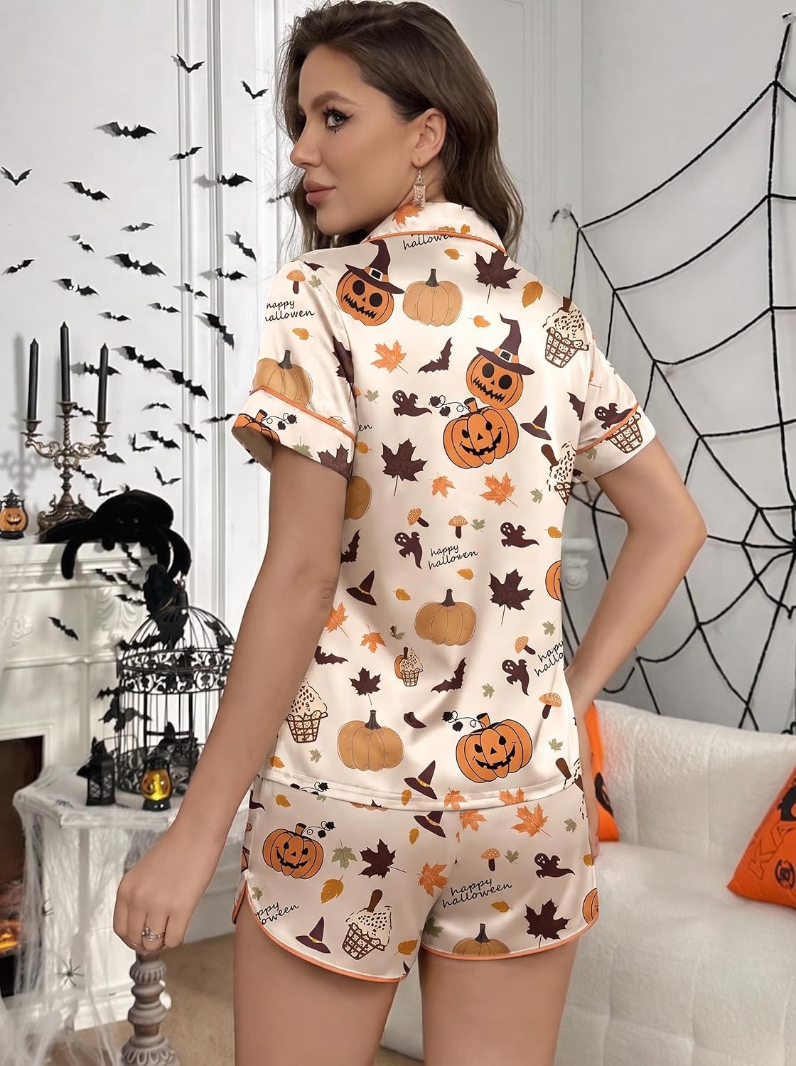 image:imageEkouaer Womens Silk Satin Pajamas Set Short Sleeve Sleepwear S5X Plus SizeHalloween Pumpkin