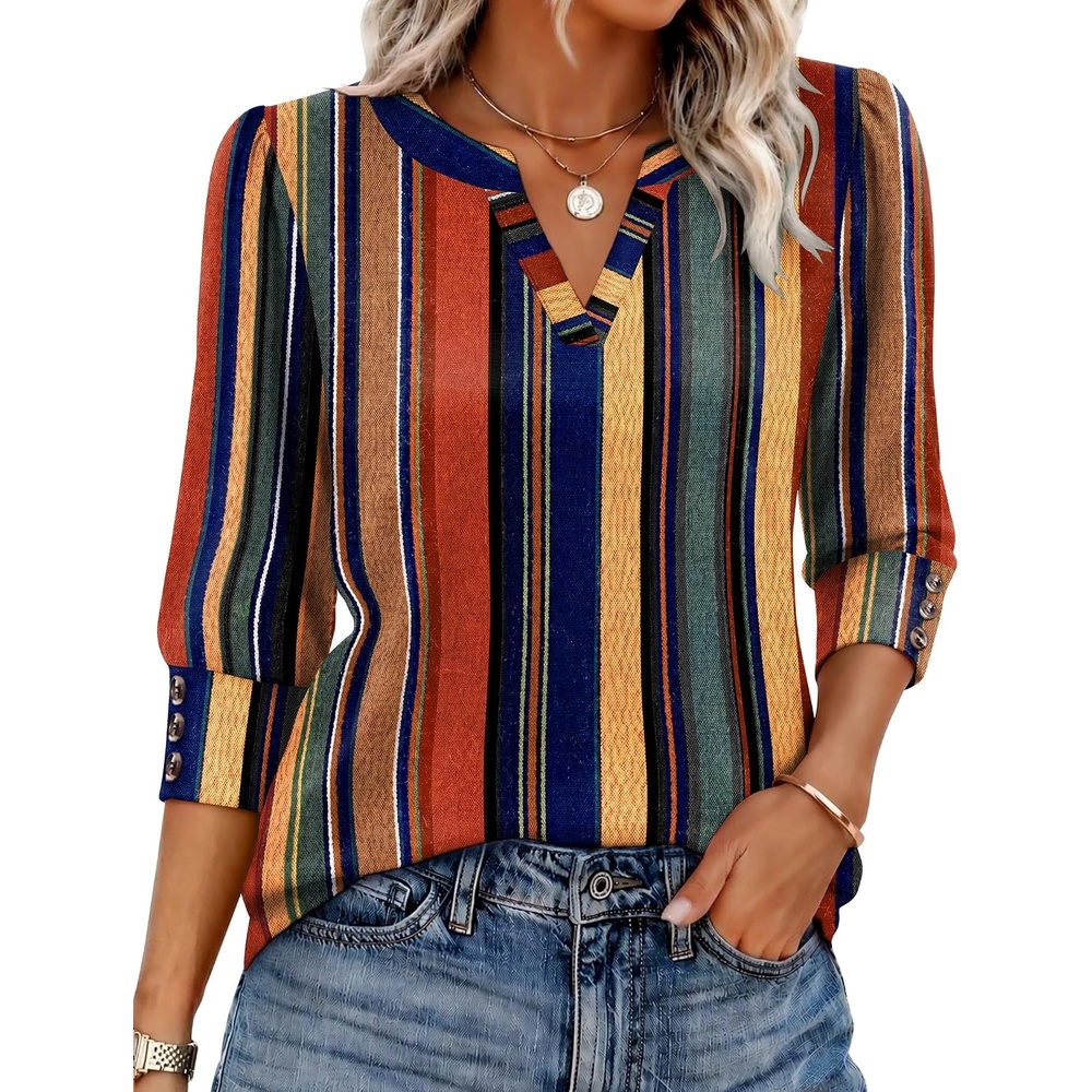 image:imageEkouaer 34 Sleeve Tops Women V Neck T Shirts Dressy Casual BlousesBoho Brown Striped
