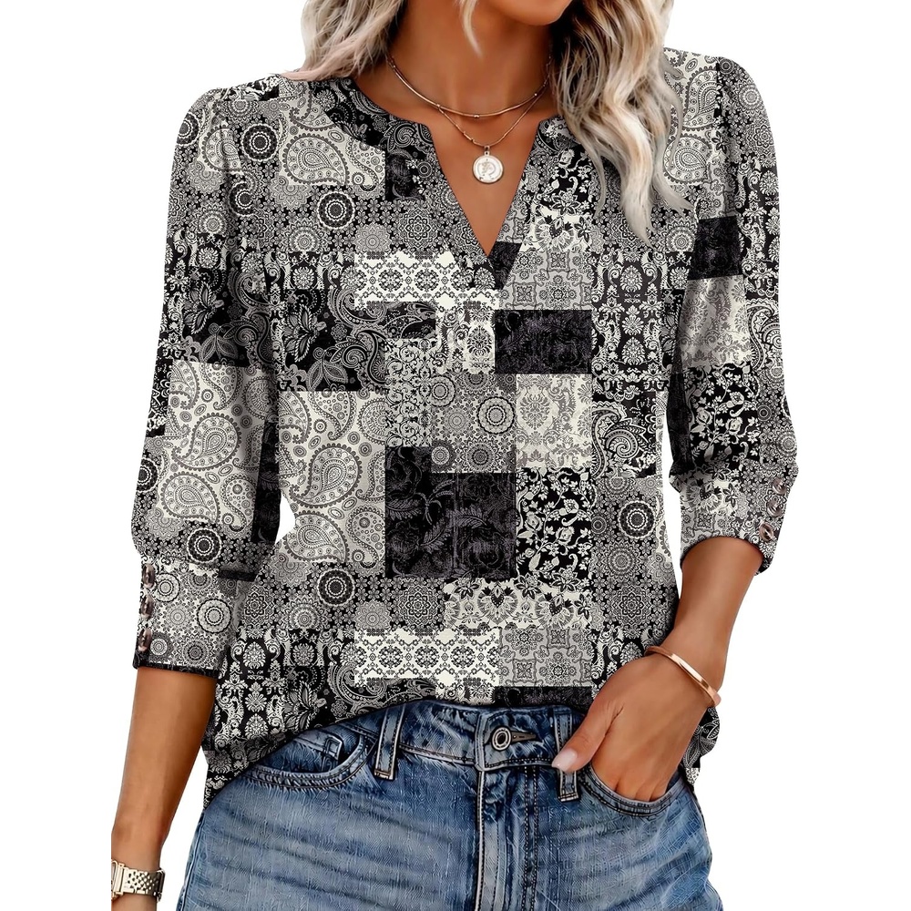 image:imageEkouaer 34 Sleeve Tops Women V Neck T Shirts Dressy Casual BlousesBoho Charcoal Grey