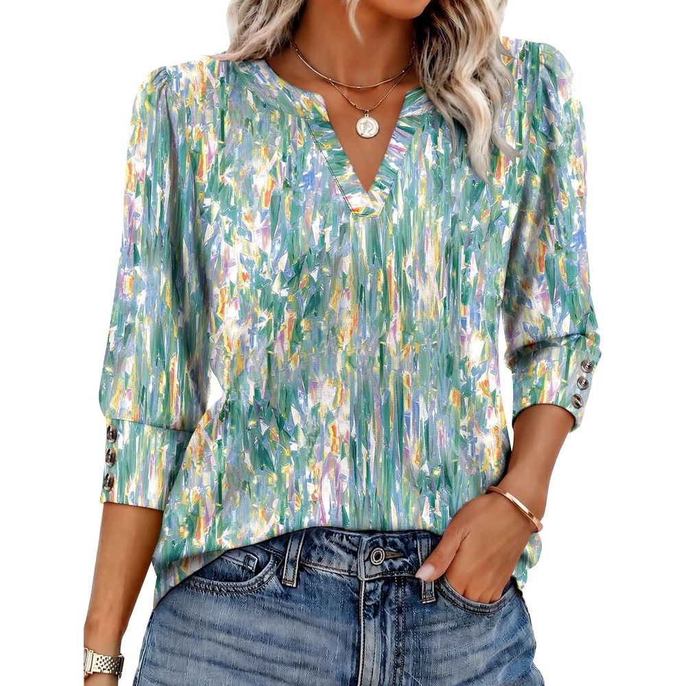 image:imageEkouaer 34 Sleeve Tops Women V Neck T Shirts Dressy Casual BlousesColorful Floral